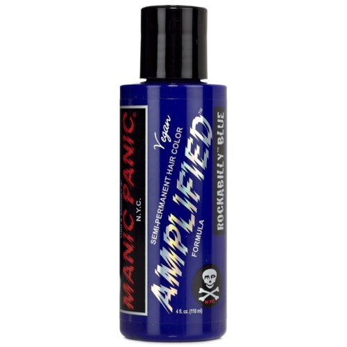Blue hair dye bottle with a black cap, red and white text, and a skull logo at the bottom.
