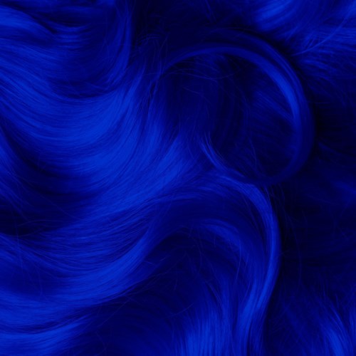 The image shows flowing, wavy blue hair with varying shades and textures.
