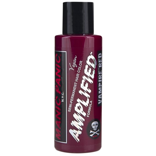 A small bottle of Mariani brand semi-permanent hair dye named Vampire Red. Black cap, purple-red color. Text on the bottle.
