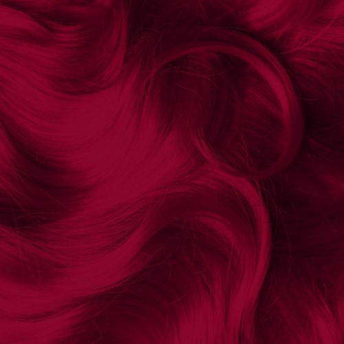 The image shows long, wavy hair dyed bright pink or red. The hair looks shiny and textured.