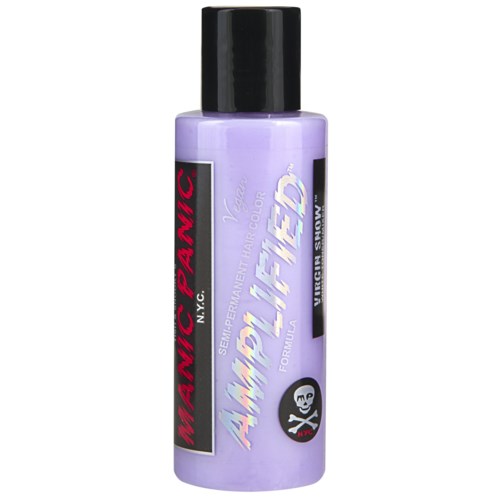 A small bottle of temporary hair color in light purple with black cap and bright label. It is branded as 'Manic Panic'.