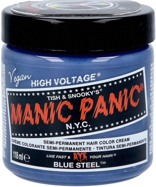 Blue hair dye in a container labeled "Manic Panic" with vegan and semi-permanent promises.