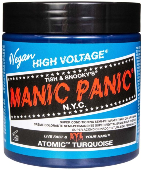 A blue jar with a black lid, labeled with bold red and white text, is a semi-permanent hair color product.