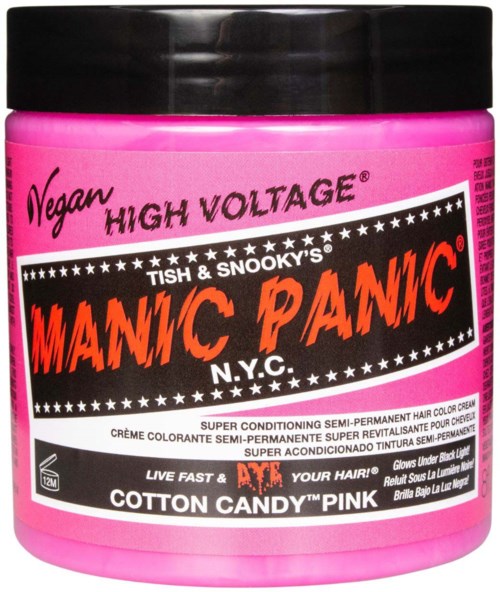 A pink hair dye container with black lid, labeled "Manic Panic" in red and black, vegan and high voltage, with cotton candy pink color.