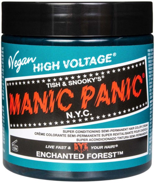 Vegan hair dye container with black lid, blue label, red and white text, and star decorations, promoting high voltage coloring.