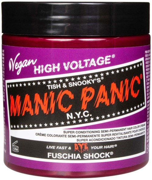A purple container labeled 'Vegan High Voltage' with red and black text for hair dye. It mentions 'Manic Panic' brand.