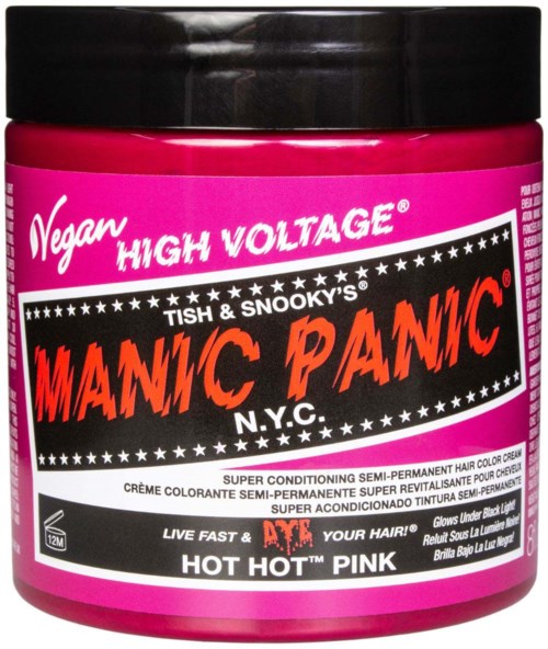 Vegan hair dye jar in pink with black lid, labeled 'Manic Panic Hot Hot Pink' and vibrant text, designed for hair coloring.