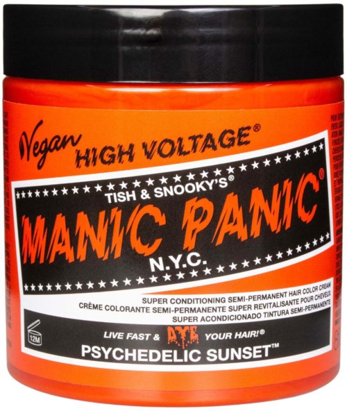 A bright orange jar with a black lid, labeled as vegan high voltage hair cream, with bright orange and black text.