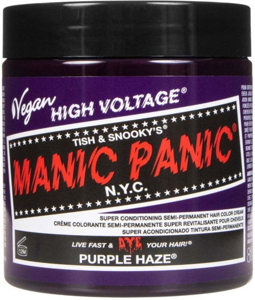 Vegan hair product labeled 'High Voltage Manic Panic' with purple color and bold text, designed for semi-permanent hair coloring.