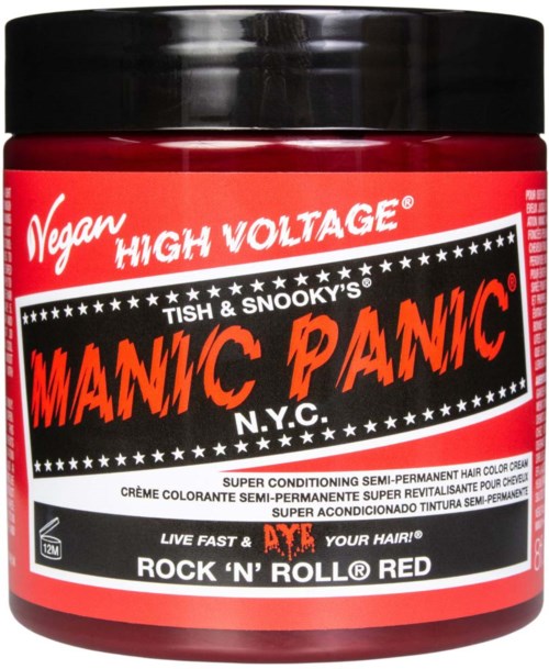 A red container labeled 'Vegan HIGH VOLTAGE' and 'MANIC PANIC ROCK 'N' ROLL RED'. It is a hair color product.