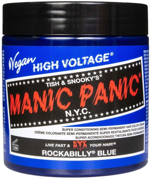 Blue container with black lid, label says vegan, high voltage, and Manic Panic. Bright blue color, promotes hair dye.