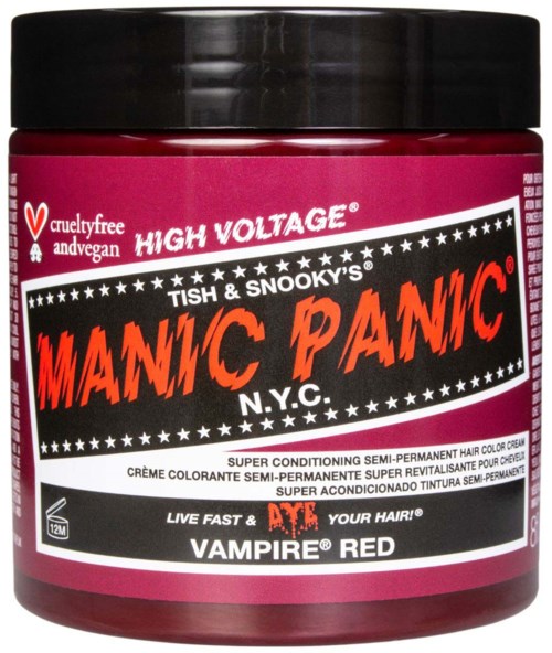 Red hair dye container with bold black and red label, promoting vivid, cruelty-free, semi-permanent hair color.