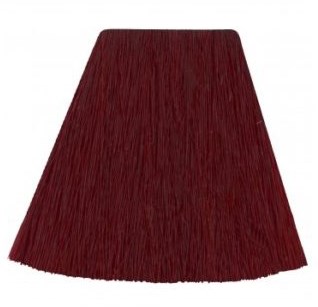 A red lampshade with a trapezoid shape and fringed edges.