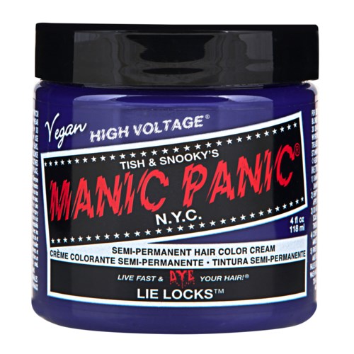 Blauer Haarfärbe-Topf mit schwarzem Deckel, Beschriftung 'Manic Panic', vegan, high voltage, semi-permanent Farbe.
