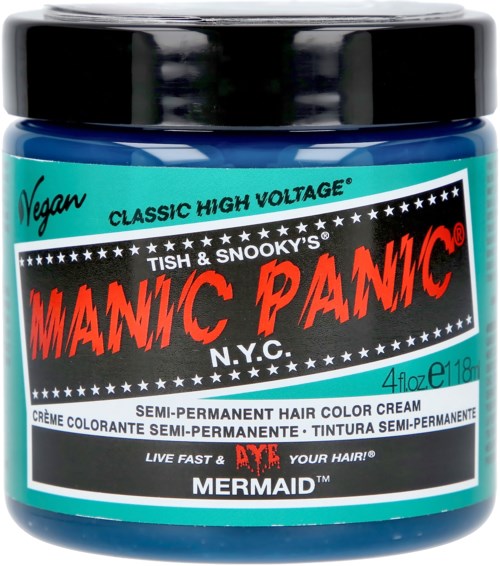 Vegan hair dye in a blue and black jar labeled 'Manic Panic' with star designs and product details.