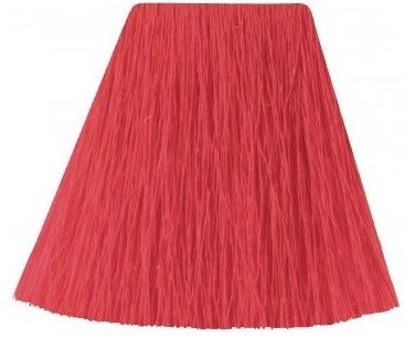 A red lampshade with a pleated design, wider at the bottom and narrowing at the top.