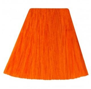 A wooden lampshade with a reddish-orange color, wide at the bottom and narrower at the top.