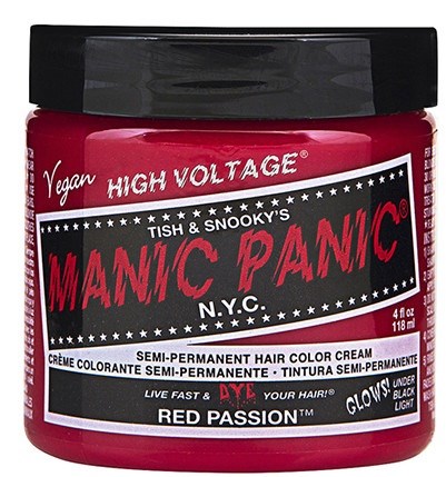 Veganer semi-permanenter Haarfärbecreme namens 'Red Passion' von Tish & Snooky, in einem roten Behälter mit schwarzen Deckel.
