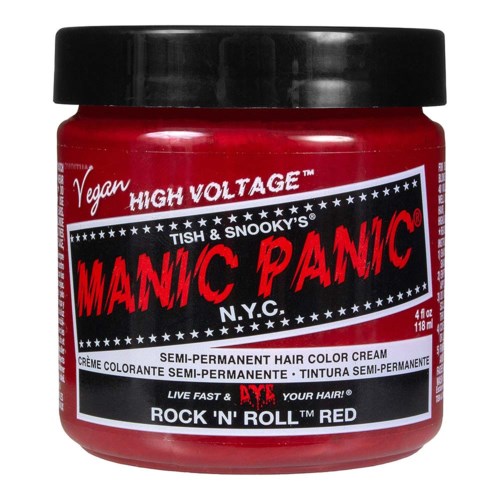 Red jar labeled 'Manic Panic Rock 'N' Roll Red' hair color cream, semi-permanent, vegan, high voltage.