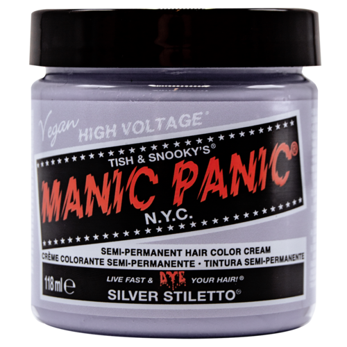 Veganer halbpermanenter Haarfarbcreme im Glas mit schwarzem Deckel, Beschriftung “Manic Panic” in Rot und Schwarz. Enthält 118 ml.