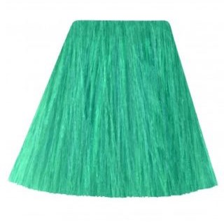 A green, fuzzy mat with a simple trapezoid shape and long, soft fibers.