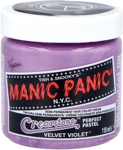 A purple container of semi-permanent hair color cream called Velvet Violet, labeled as vegan, with 118ml size.