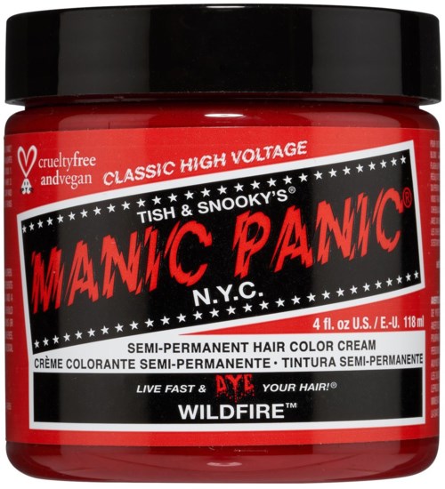 A red jar labeled "MANIC PAMC" with black cap, contains semi-permanent hair color cream, mentions cruelty-free and high voltage.