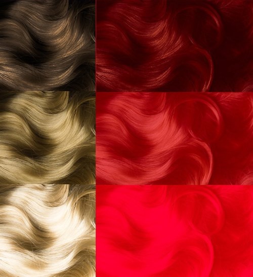 Six hair samples in different shades—from light blonde to dark red, showing wavy textures.