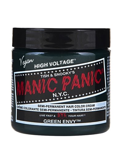 Ein Behälter mit semi-permanenter Haarfärbecreme namens 'Manic Panic' in grünem Neid, mit schwarzem Deckel und Etikett.