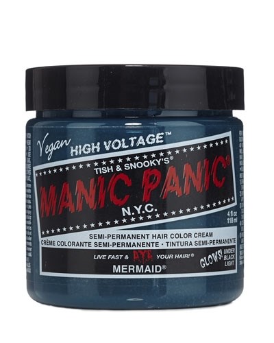 A blue jar with a black lid, labeled as vegan semi-permanent hair color cream called 'Manic Panic Mermaid'.