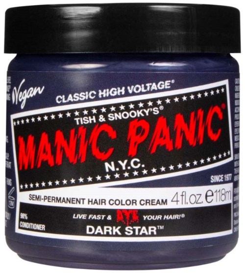 Vegan semi-permanent hårfärgkräm kallad Manic Panic Dark Star, 4 fl oz, svart lock, high voltage branding.