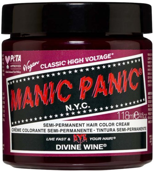 A jar of Manic Panic hair color with pink and black packaging. It is semi-permanent and vegan.