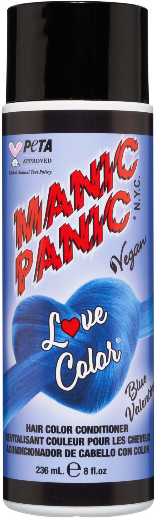 A hair dye spray can with a black cap and blue label, featuring red and white text, and a blue heart design.