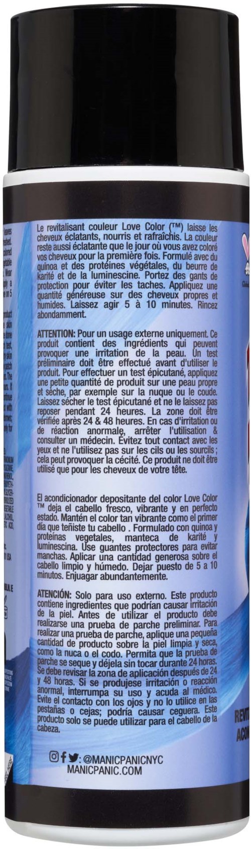 Blue and black aerosol spray can with text and social media icons on label.