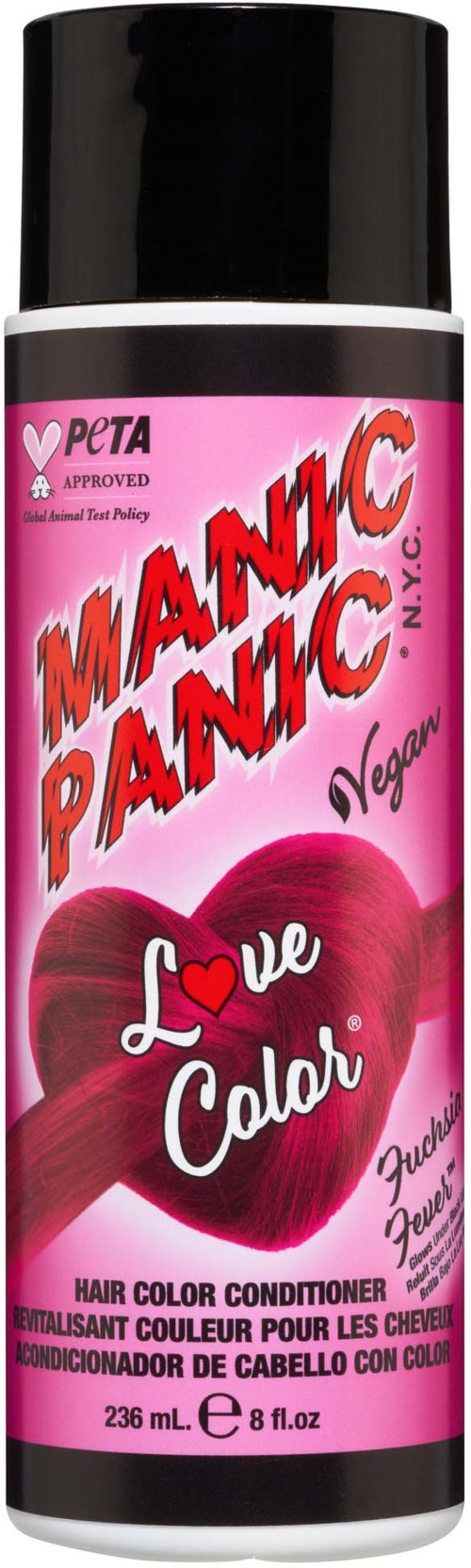 A pink bottle with black cap, labeled as Manny Panci Love Color, vegan hair conditioner, supporting PETA, 8 fl oz.