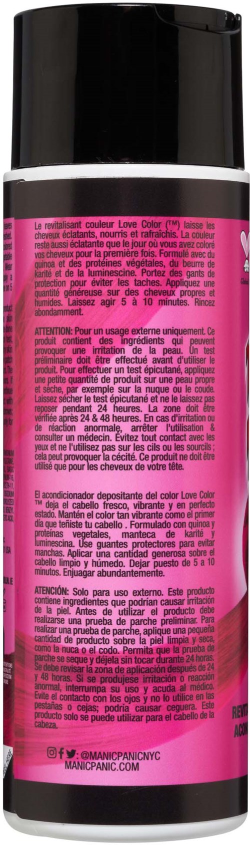 A pink and black spray bottle with product information and warnings printed on it.