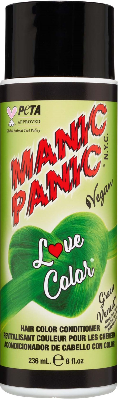 Vegan hair conditioner in a green bottle with red and white text, featuring a green heart and a small pink heart.