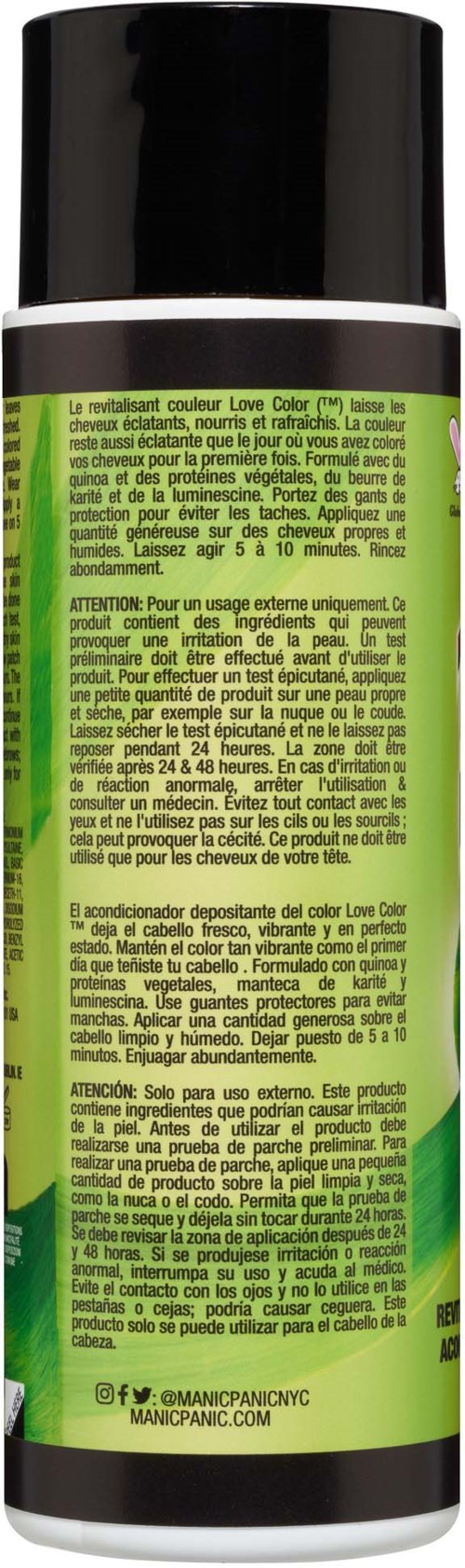 Green and black cylindrical bottle with text instructions and warnings, likely a hair or cosmetic spray product.