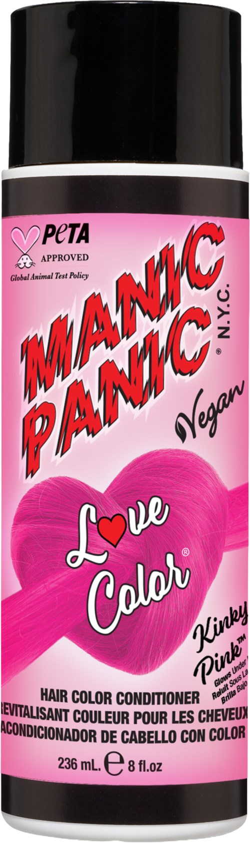 En rosa flaske med svart kork, merket som vegansk hårfarge for kjærlighetsfarge, kalt MANC PANC, med et hjerte-Design.