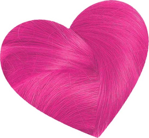 A pink heart with textured, hair-like lines and a shiny appearance.