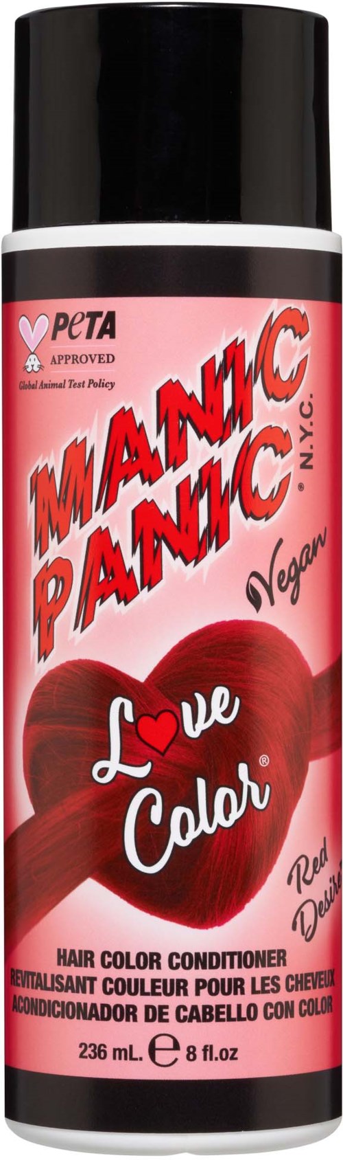 A red bottle labeled 'MANC PANC' with a heart design, vegan, and PETA approved hair color conditioner.