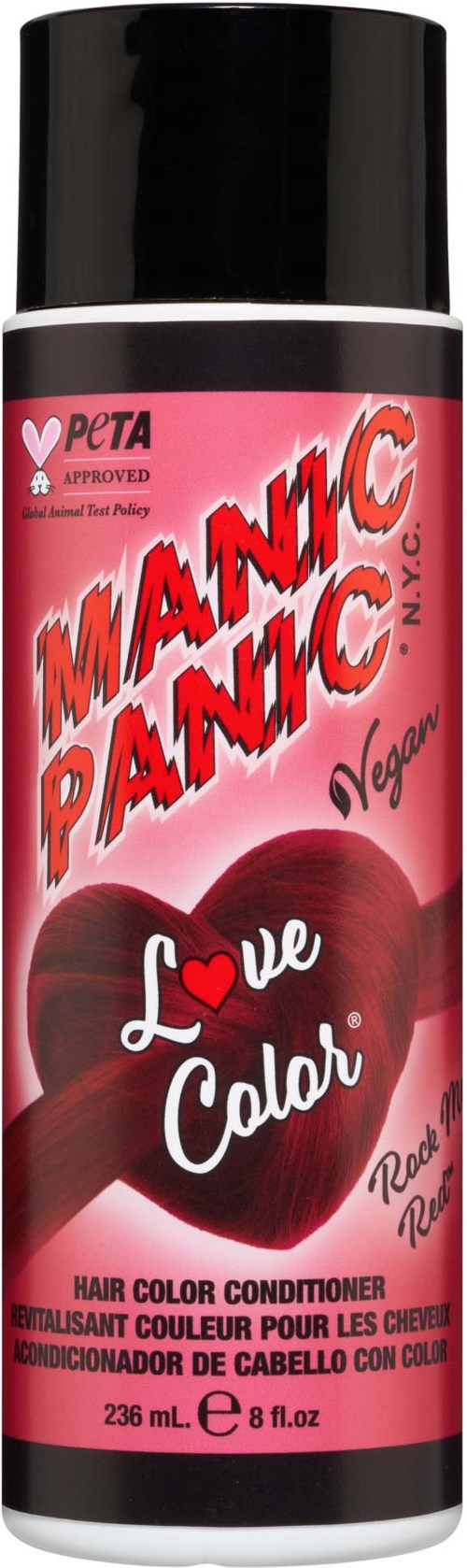 Red can of Love Color Mantic Panic vegan hair conditioner with black cap, featuring a heart and bold text, 8 fl oz.