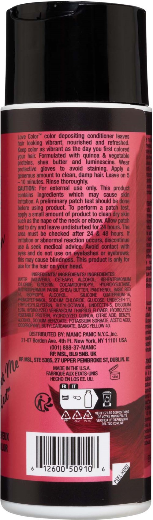 A red and black bottle with text, likely a hair or personal care product, marked with a barcode and instructions.