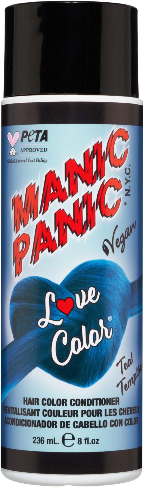 En burk med Manic Panic vegansk hårfärg med en blå hjärtformad design, röd och vit text och svart lock.
