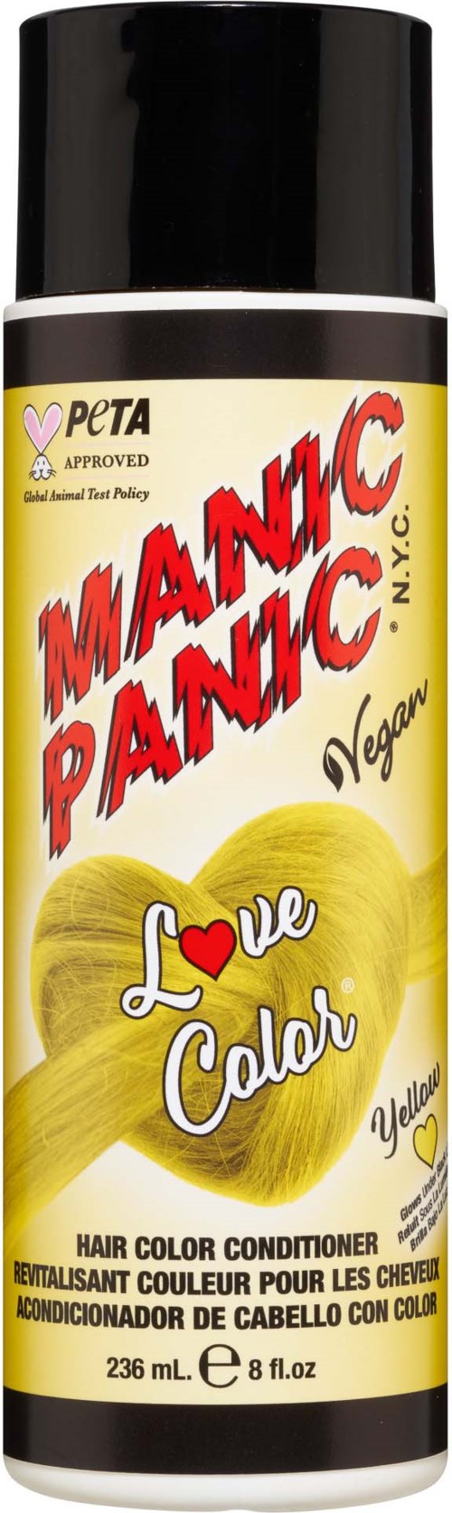 En gul och svart flaska med Manic Panic hårfärgkonditionerare med röd och rosa text, med ett guldhjärta.