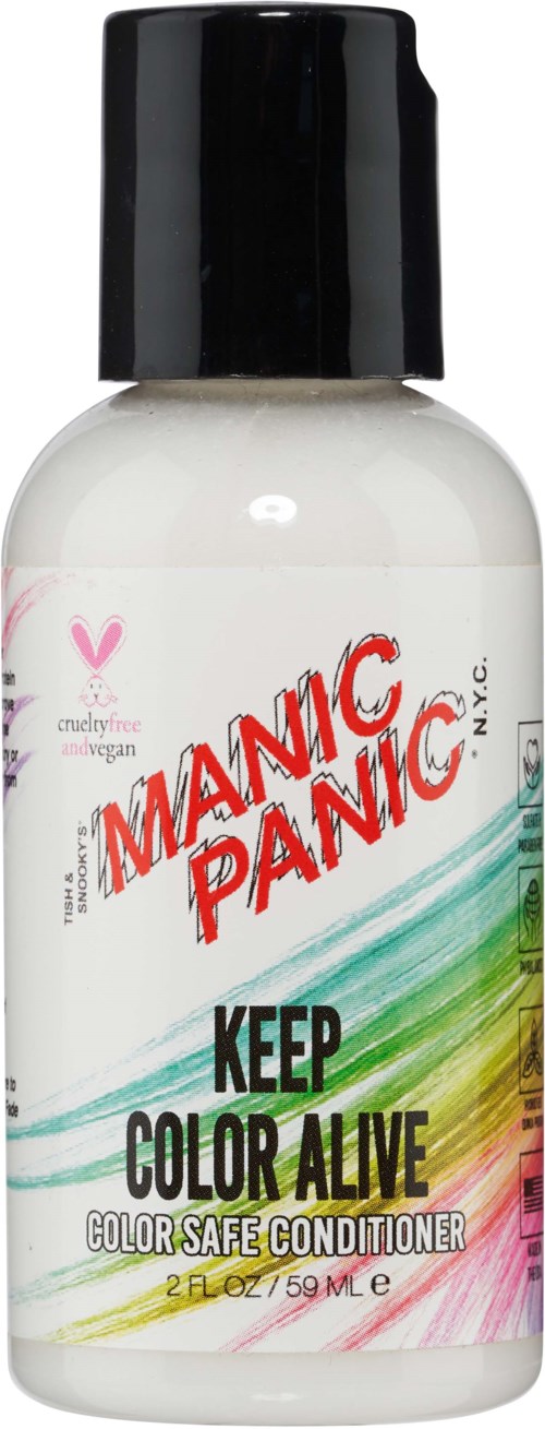 A small white bottle with a black cap, labeled 'Manic Panic Keep Color Alive' hair conditioner, colorful design on label.