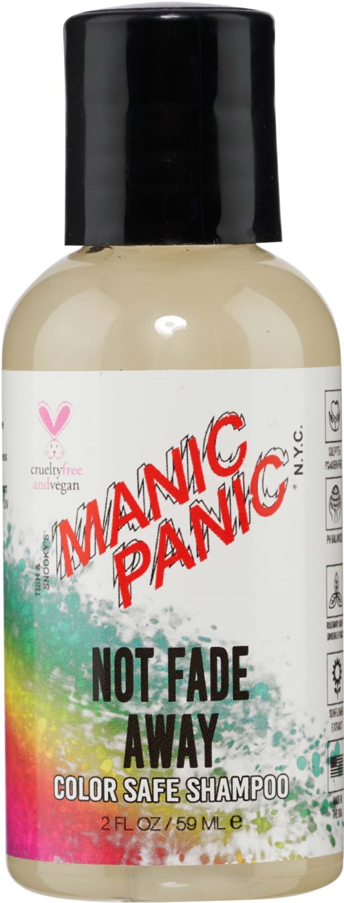 A small bottle of color safe shampoo with a black cap and a colorful label that says "MANIC PANIC NOT FADE AWAY."