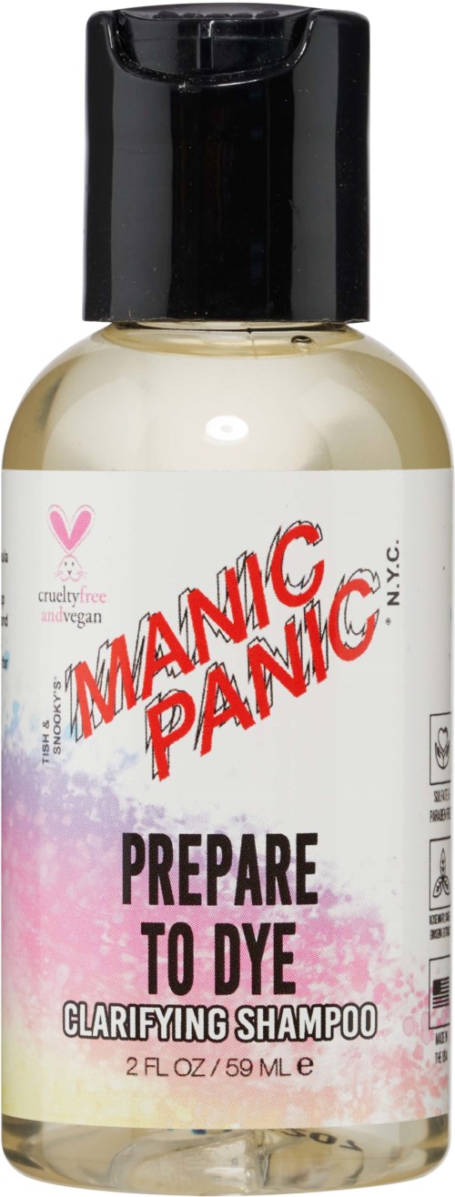 A small bottle of shampoo with a label that says "Manic Panic," "Prepare to Dye," and "Clarifying Shampoo."