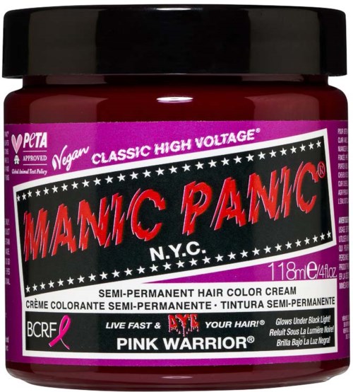 Vegan semi-permanent pink hair color cream in a jar, with bold red and black text and purple accents.