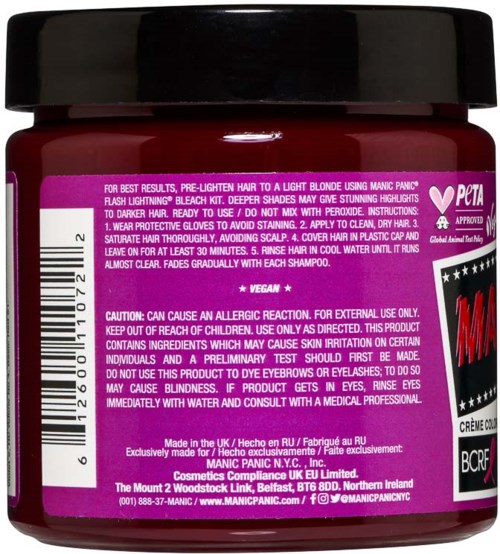 A jar with a purple and black label, showing instructions and warnings, made in the UK by MANIC PANIC.